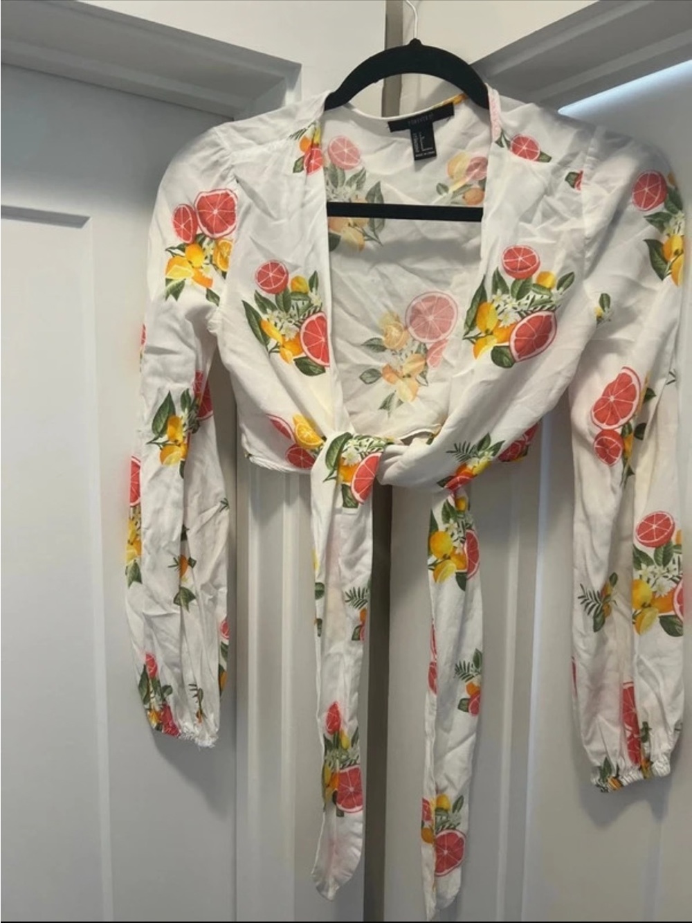 Fruit-Print Tie-Front Crop Top - White with Pink & Yellow